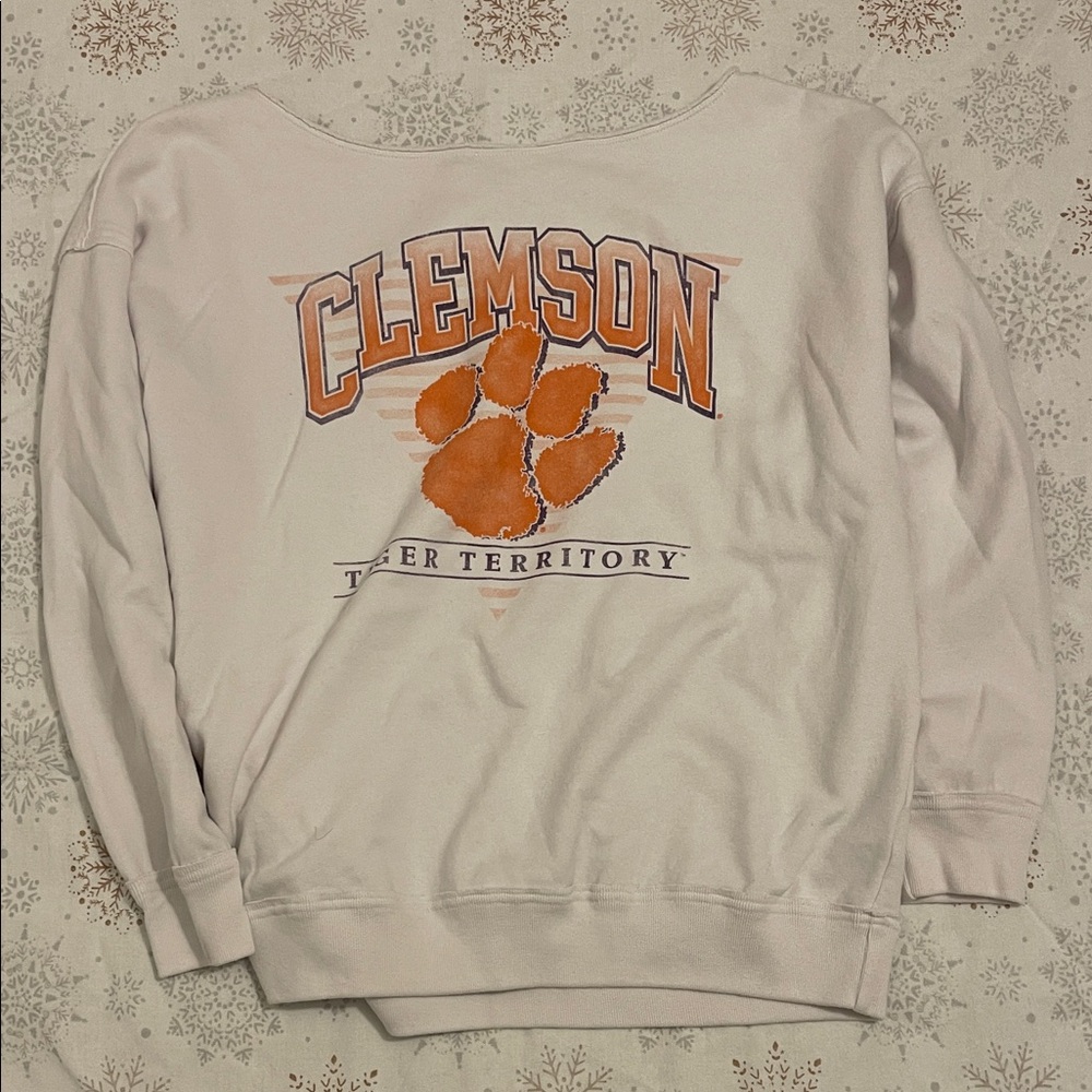 Hollister Wide Neck Ivory Sweatshirt with Orange Clemson “ Tiger Territory” Logo